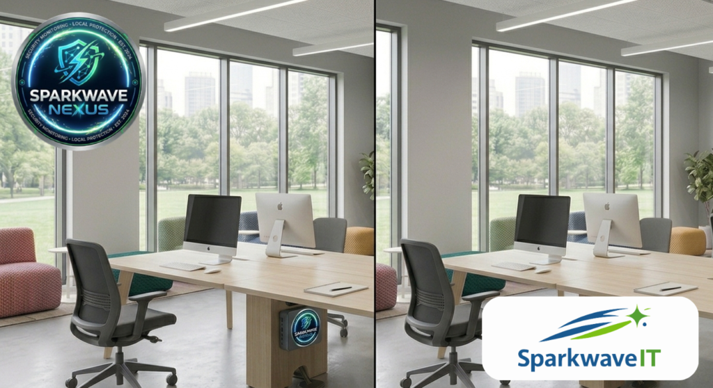 Sparkwave Nexus mini-PC network monitoring deployment in a modern office collaboration space.